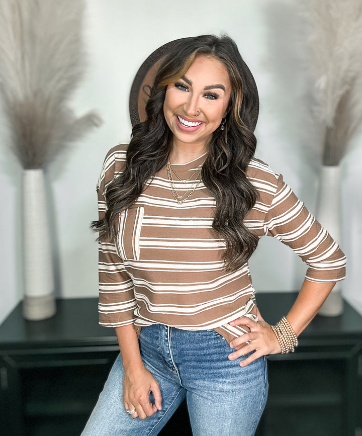Mocha &amp; Cream Striped Top with Front Pocket