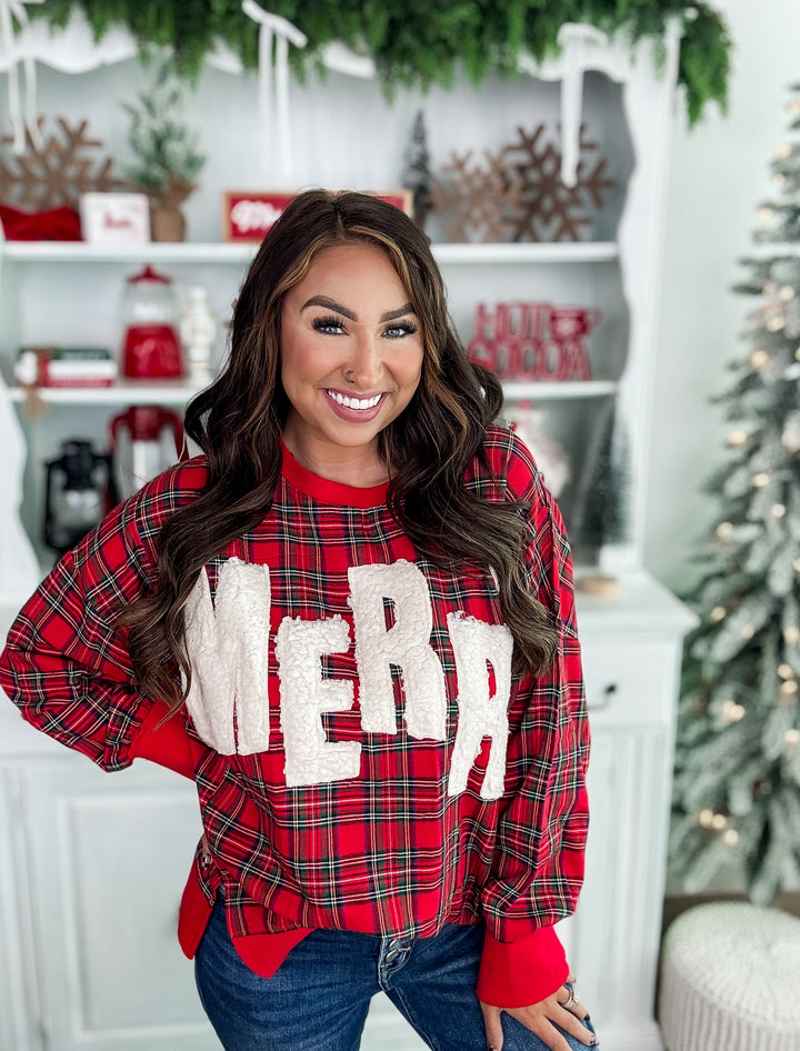 Plaid Sherpa Merry Sweatshirt