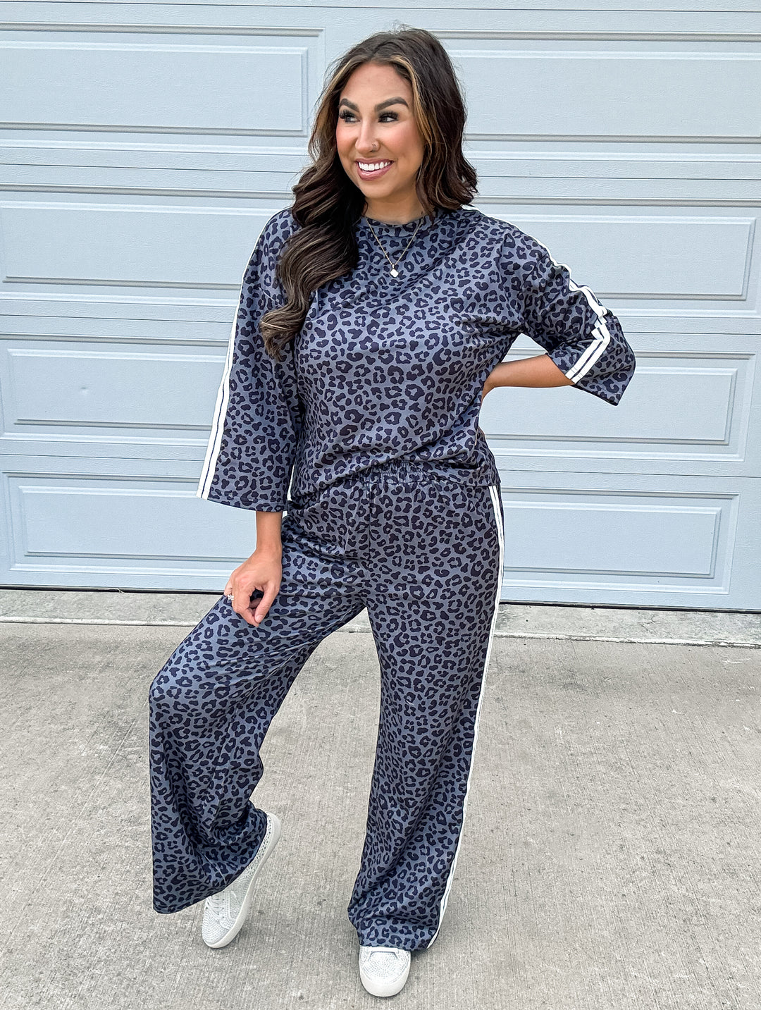 Gray Leopard Side Stripe Pants Set