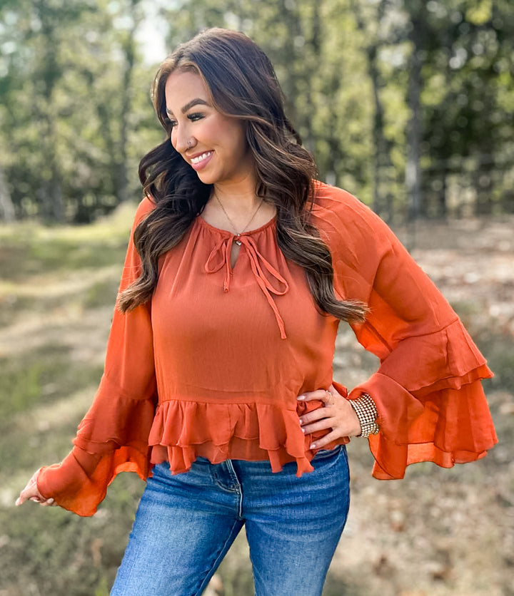 Burnt Orange Hi Low Ruffles Blouse