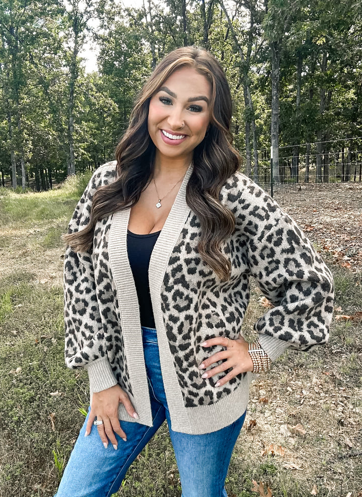 Leopard Balloon Sleeve Open Front Cardigan