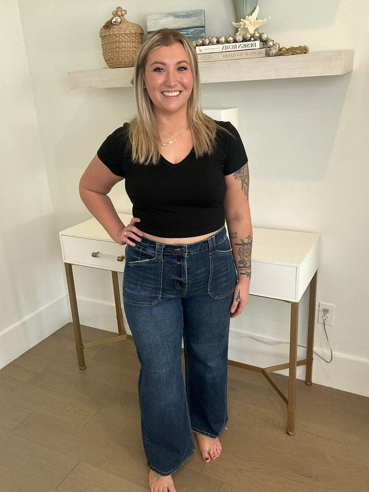 Dark Wash High Rise Wide Leg Patch Pocket Jeans By Mica Denim - Face 2 Soul Beauty Boutique