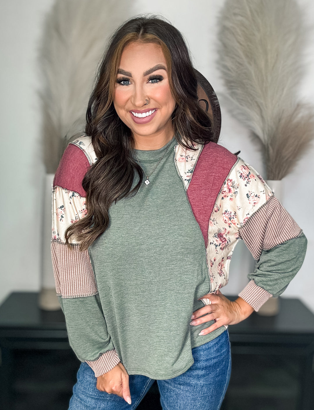 Olive Mixed Patchwork Knit Top
