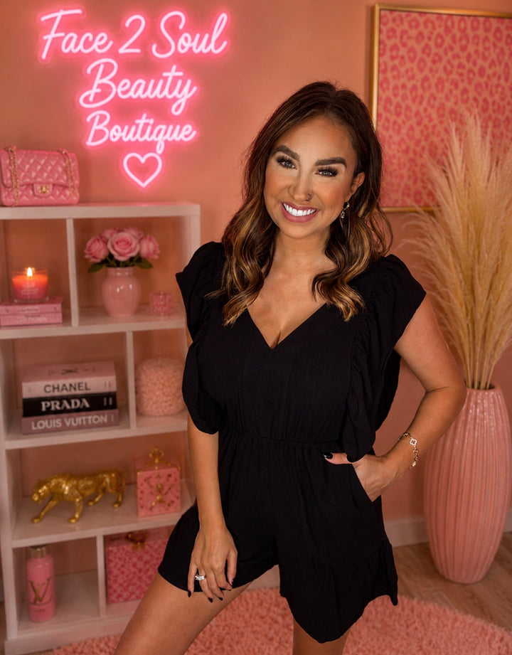 Black Cutout Detail Ruffled Sleeve Romper - Face 2 Soul Beauty Boutique