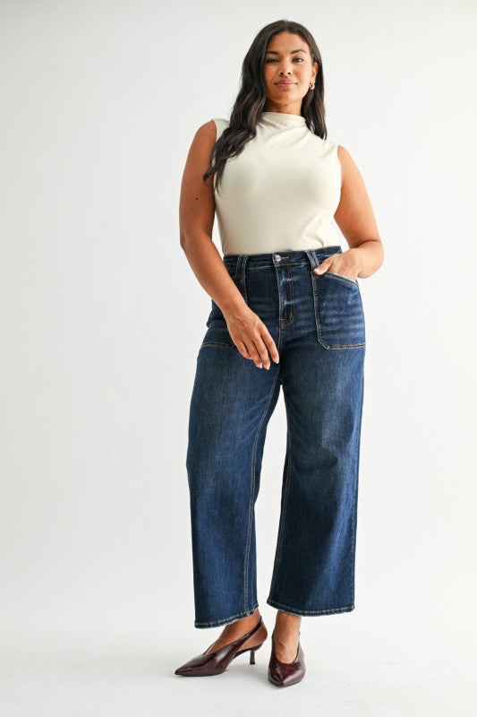 Dark Wash High Rise Wide Leg Patch Pocket Jeans By Mica Denim - Face 2 Soul Beauty Boutique