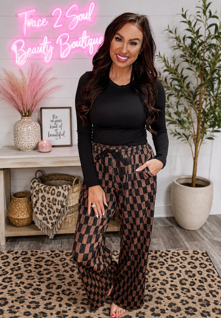 Black &amp; Mocha Checkered Wide Leg Pants - Face 2 Soul Beauty Boutique