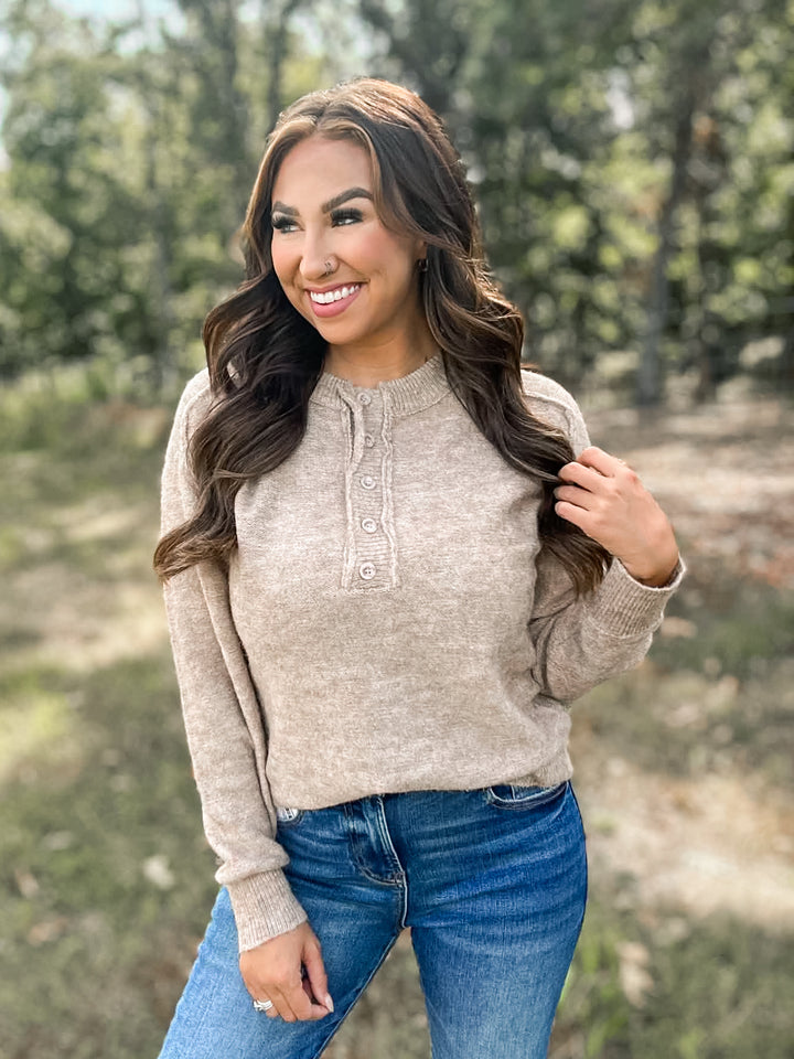 Taupe Half Button Fuzzy Sweater