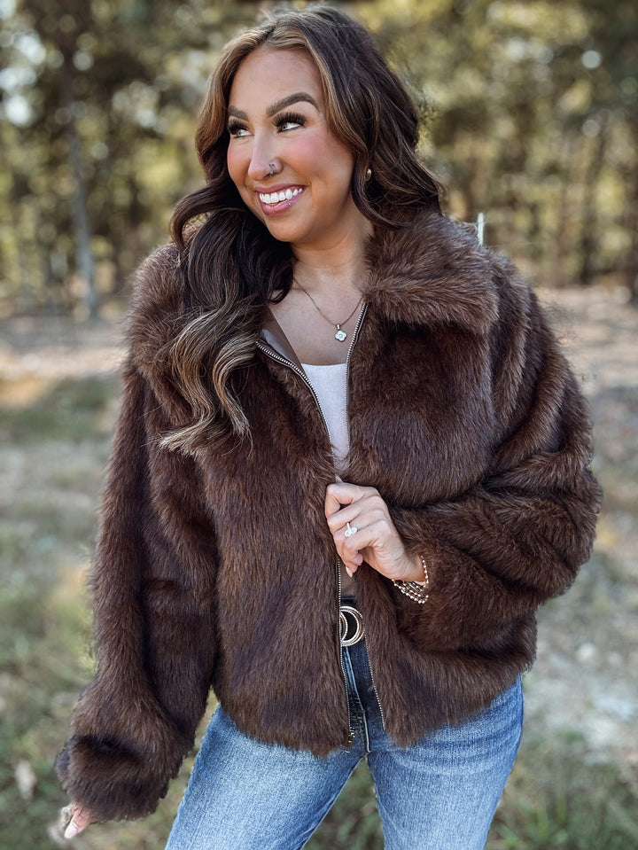 Brown Comfort Lux Fur Zip Up Coat