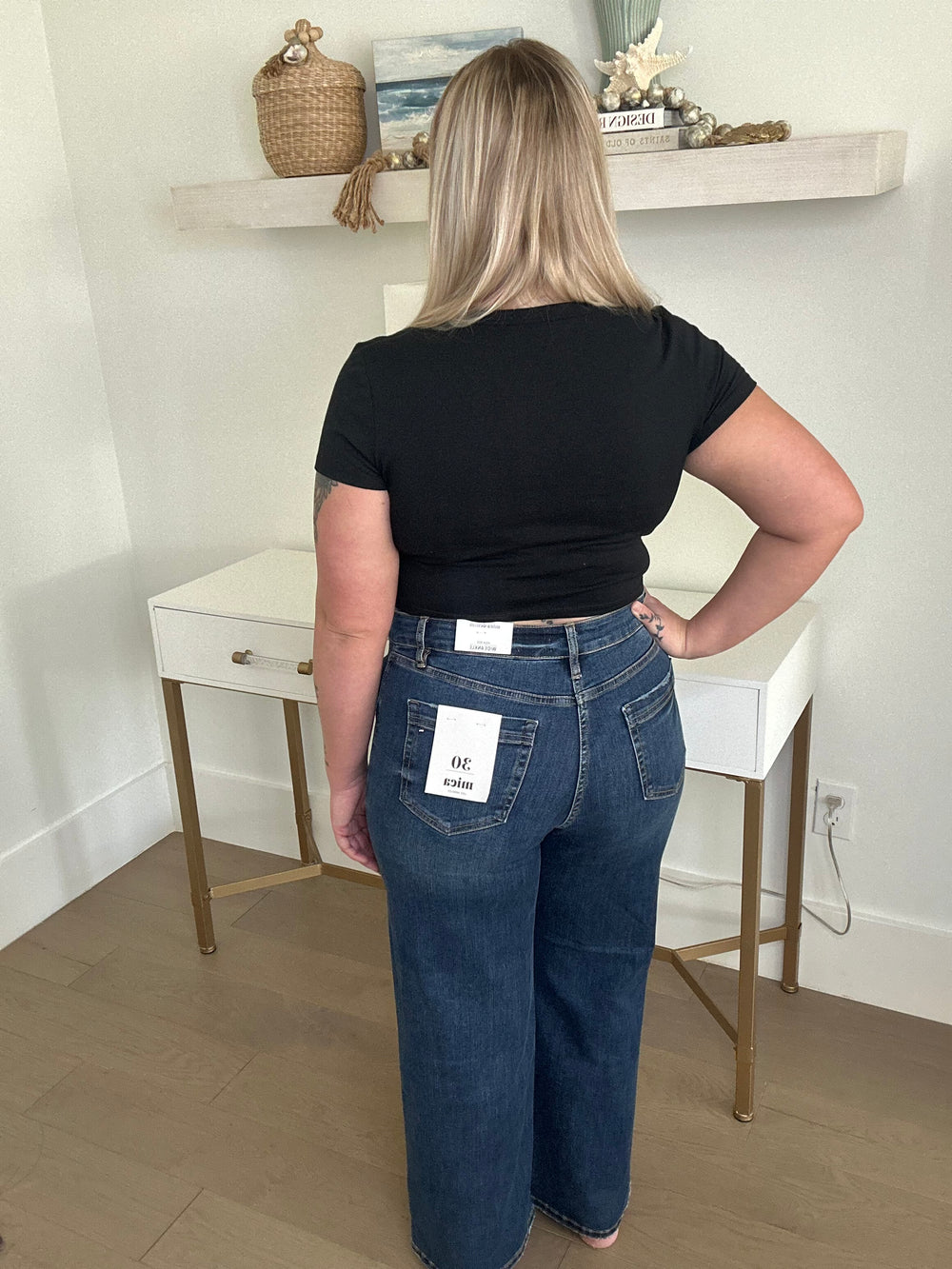 Dark Wash High Rise Wide Leg Patch Pocket Jeans By Mica Denim - Face 2 Soul Beauty Boutique