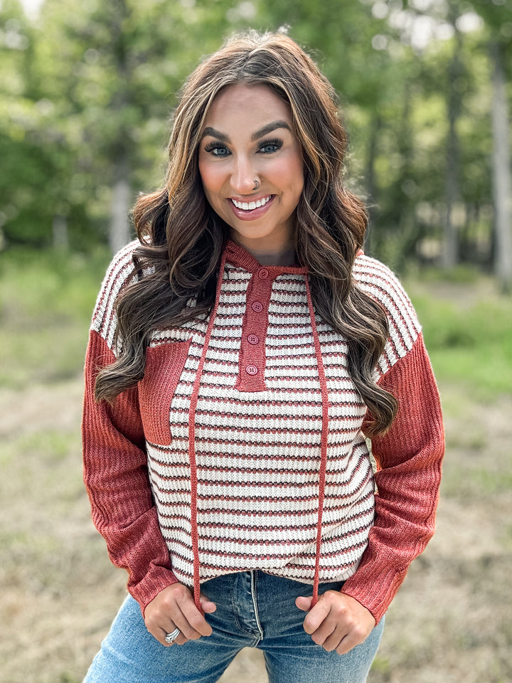 Rust Striped Hooded Pullover