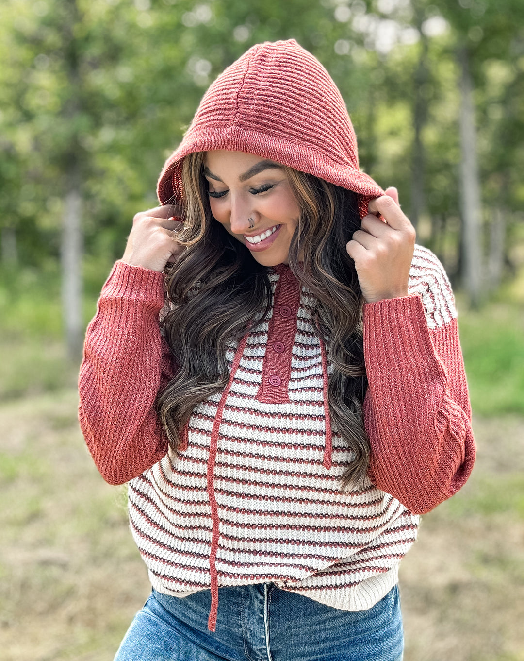 Rust Striped Hooded Pullover