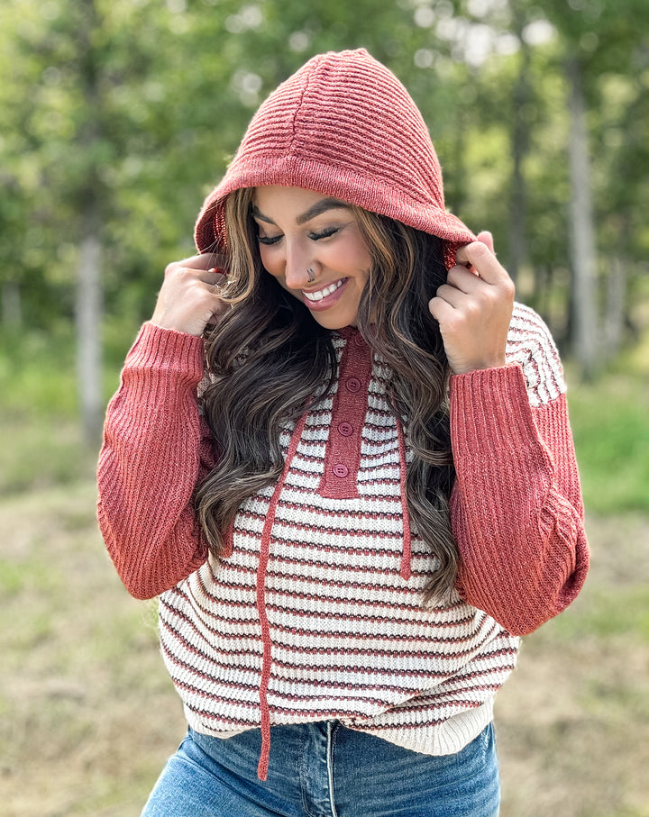 Rust Striped Hooded Pullover