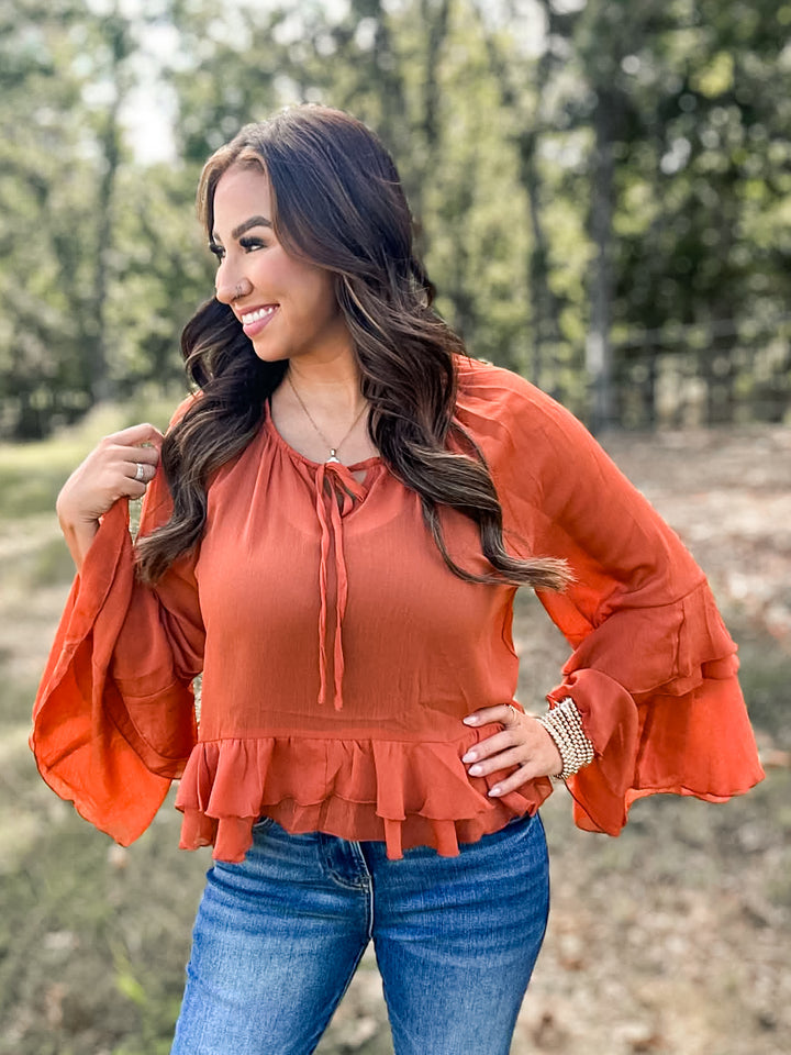 Burnt Orange Hi Low Ruffles Blouse