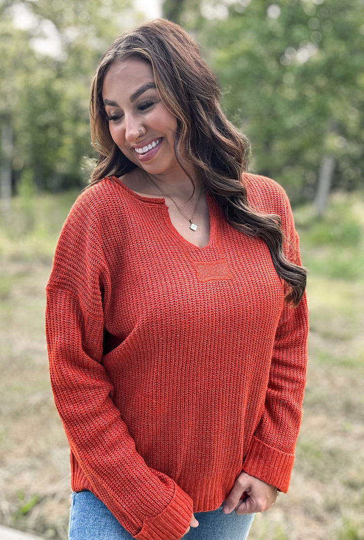 Rust Split Neck Ribbed Sweater
