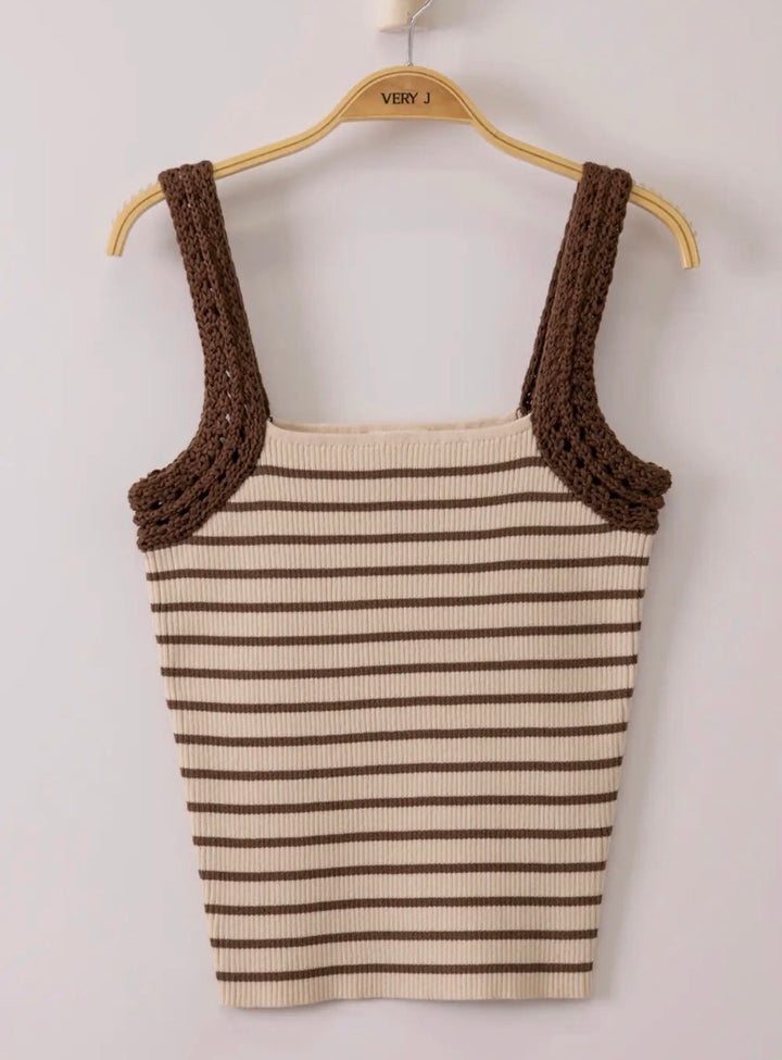 Brown Crochet Sleeve Striped Knit Tank Top - Face 2 Soul Beauty Boutique