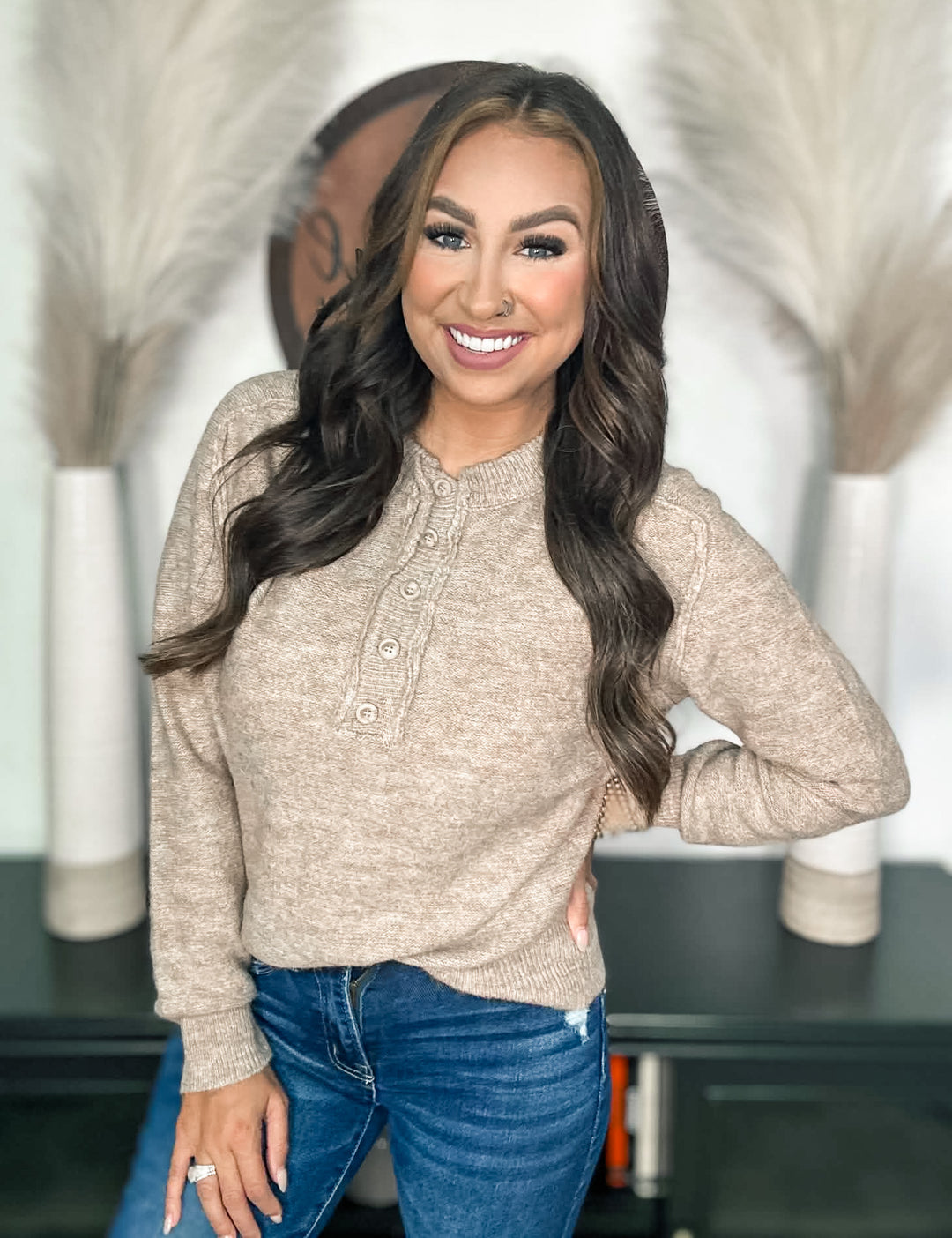 Taupe Half Button Fuzzy Sweater