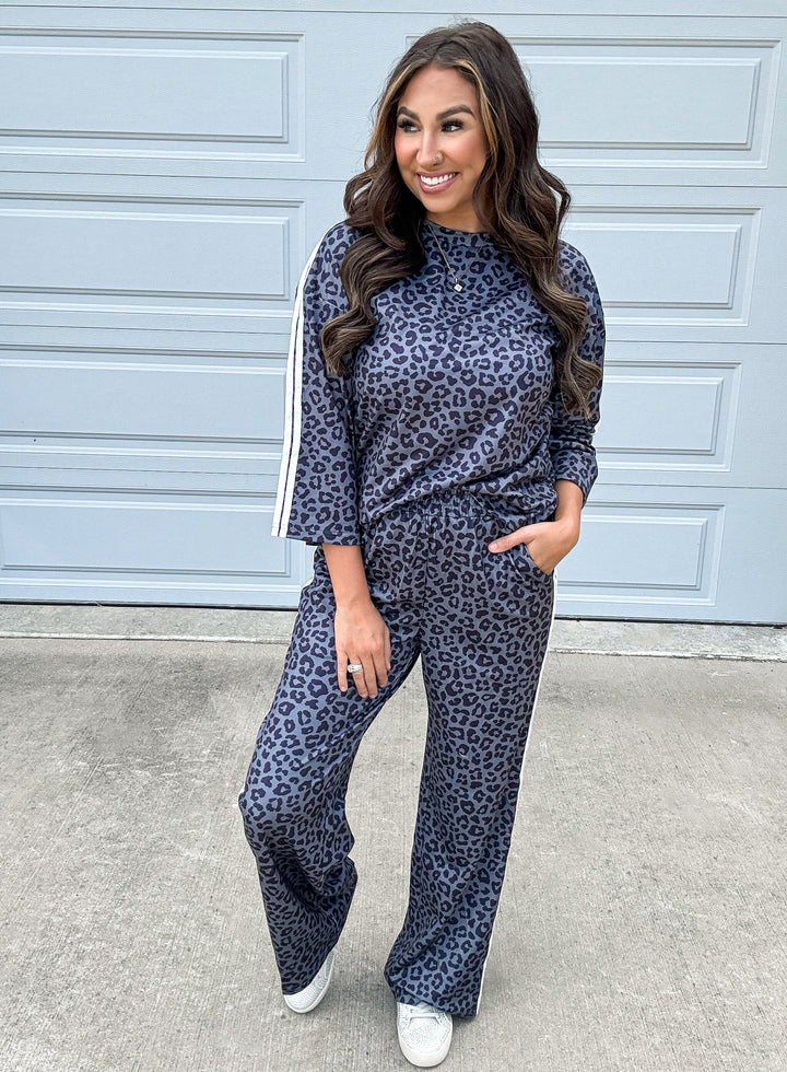 Gray Leopard Side Stripe Pants Set