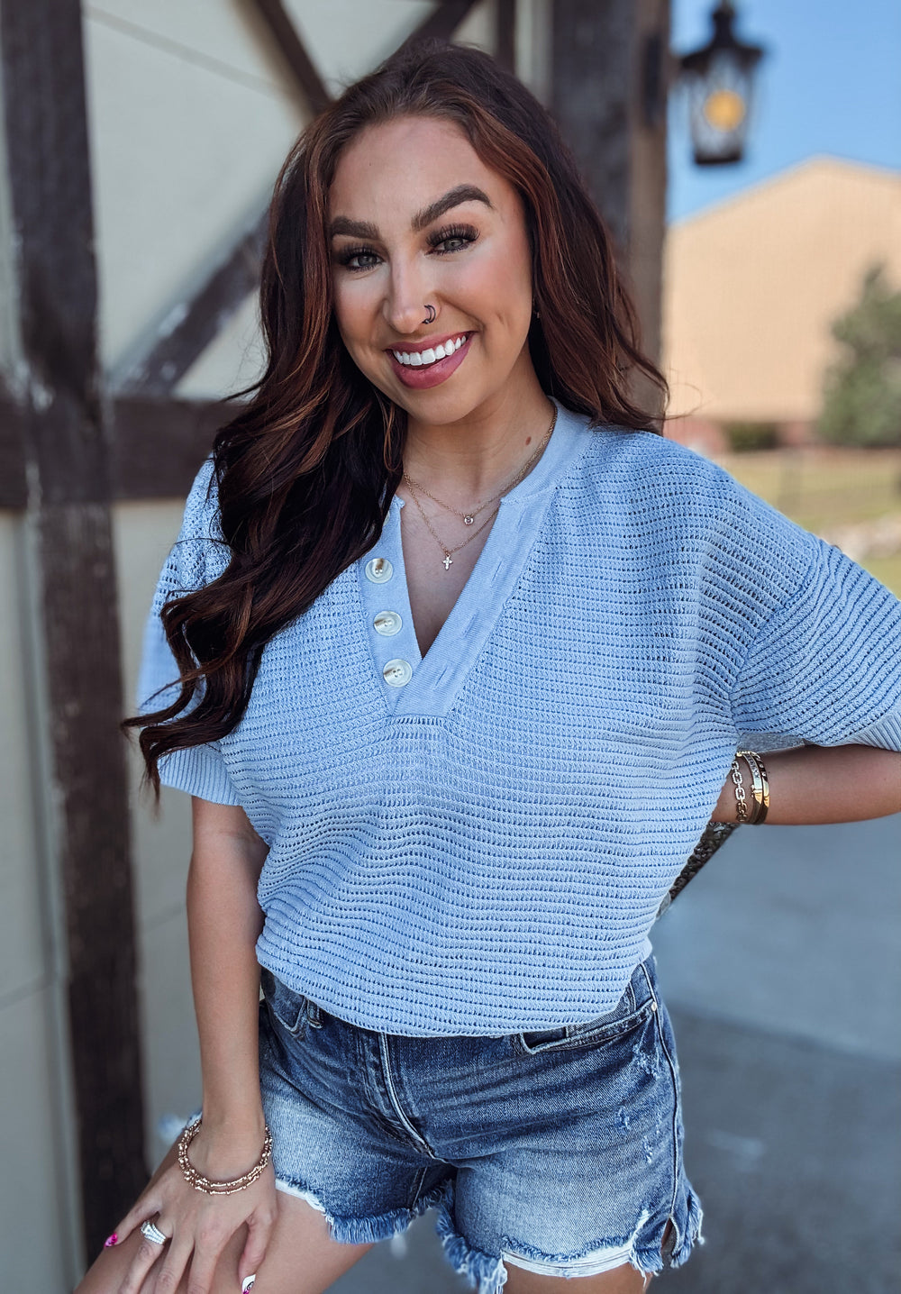 Baby Blue Vneck Button Detail Top - Face 2 Soul Beauty Boutique