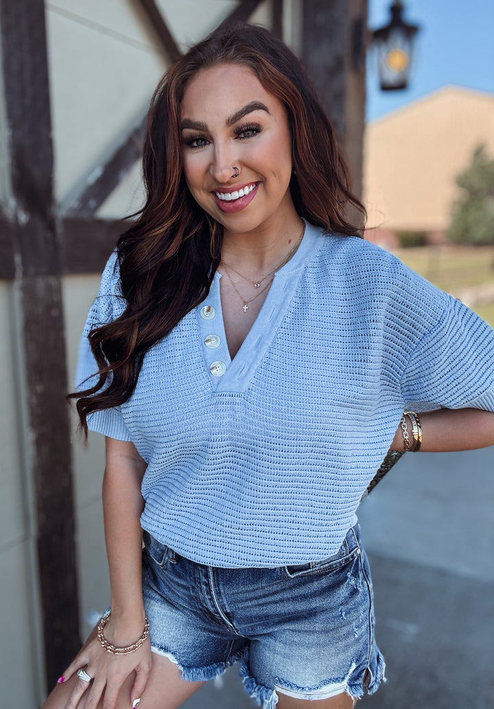 Baby Blue Vneck Button Detail Top - Face 2 Soul Beauty Boutique