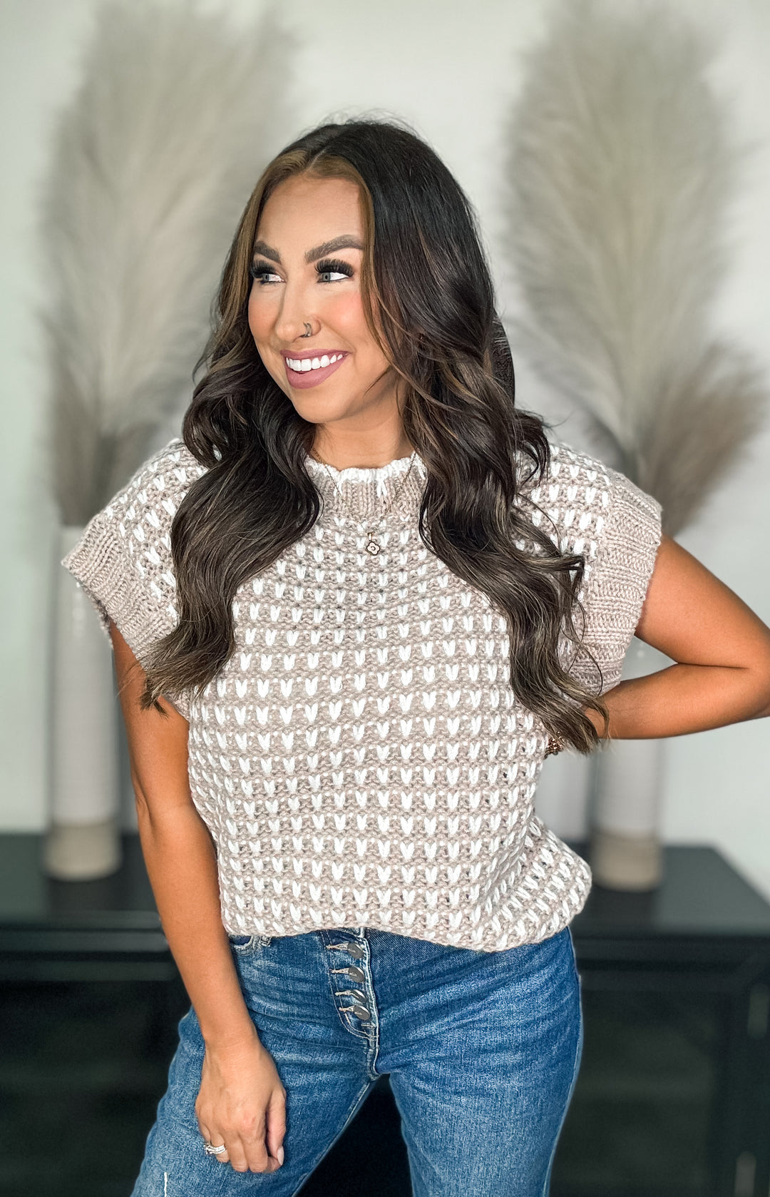 Taupe &amp; Ivory Scallop Edge Sweater
