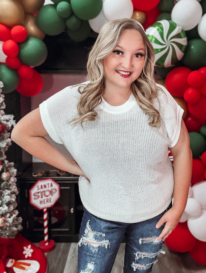 White Plus Size Shortsleeve Knit Sweater - Face 2 Soul Beauty Boutique