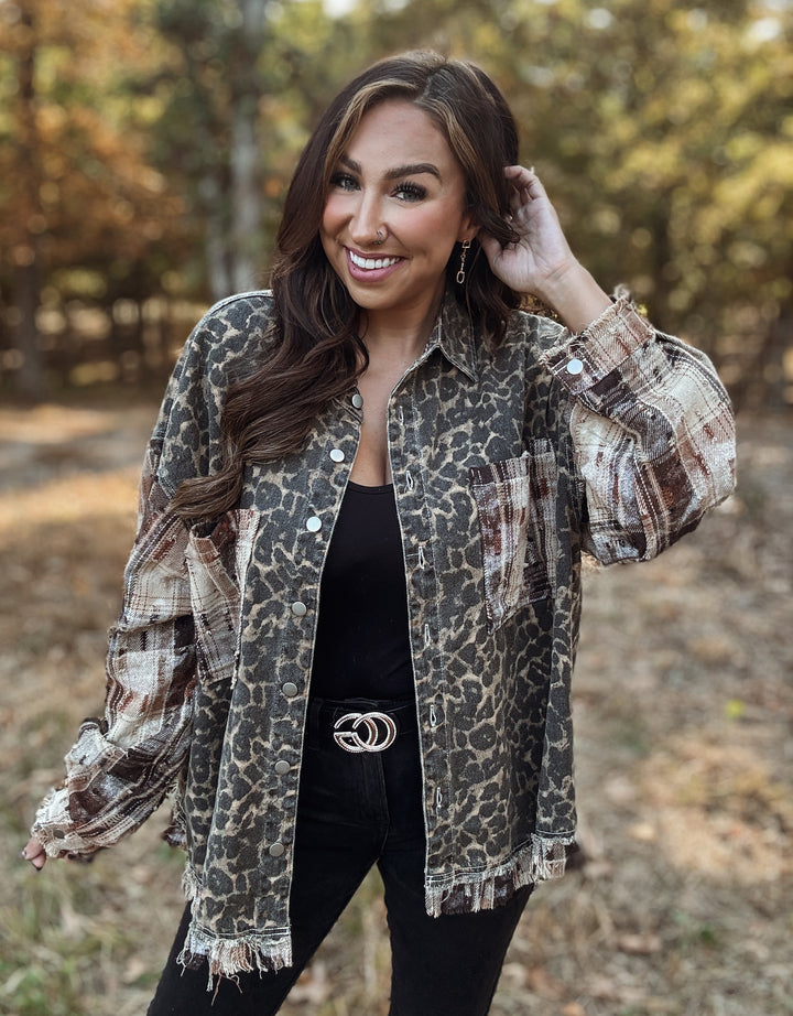 Leopard Raw Edge Fringe Trim Shirt Jacket