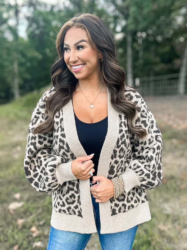 Leopard Balloon Sleeve Open Front Cardigan