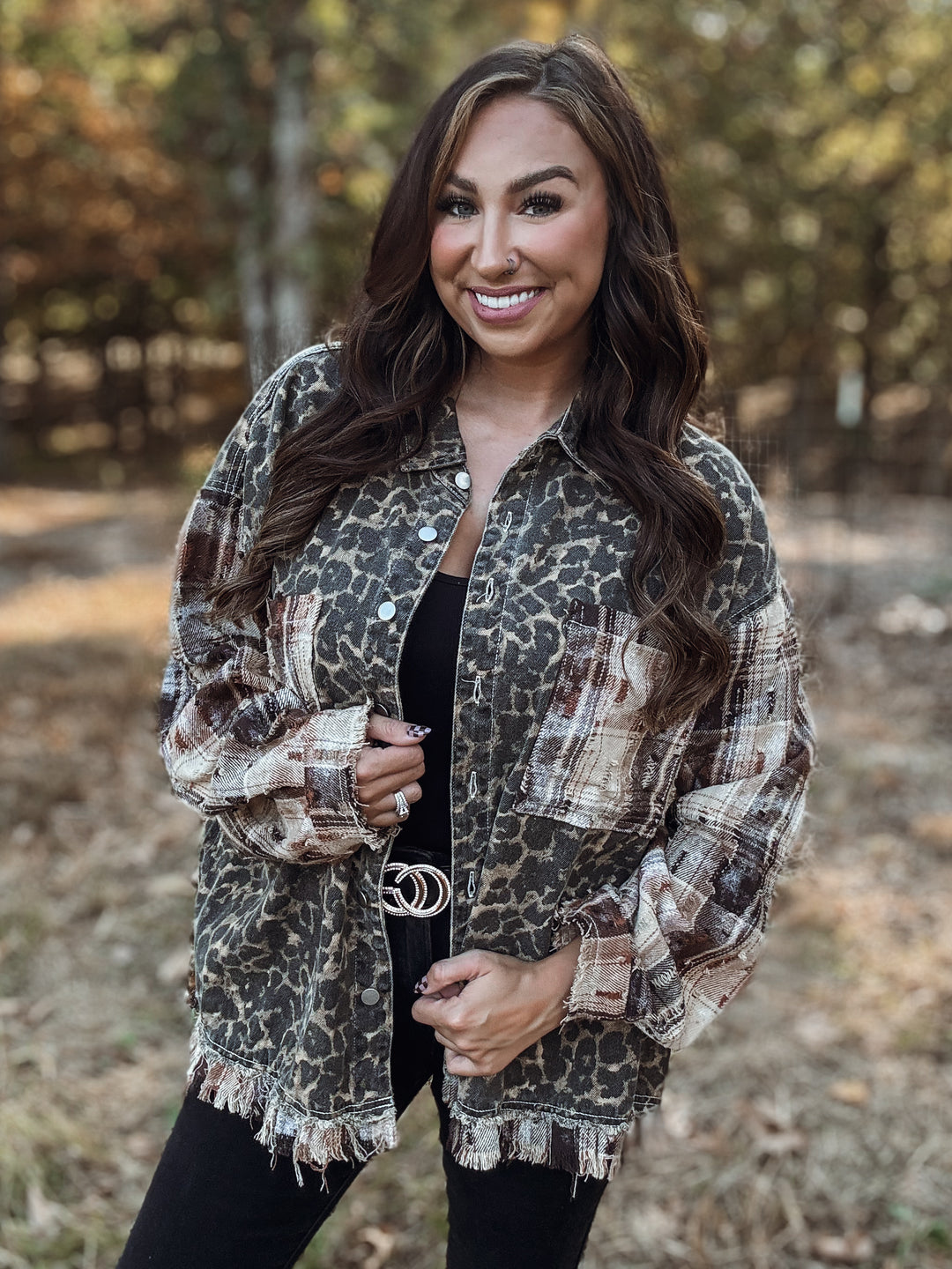 Leopard Raw Edge Fringe Trim Shirt Jacket