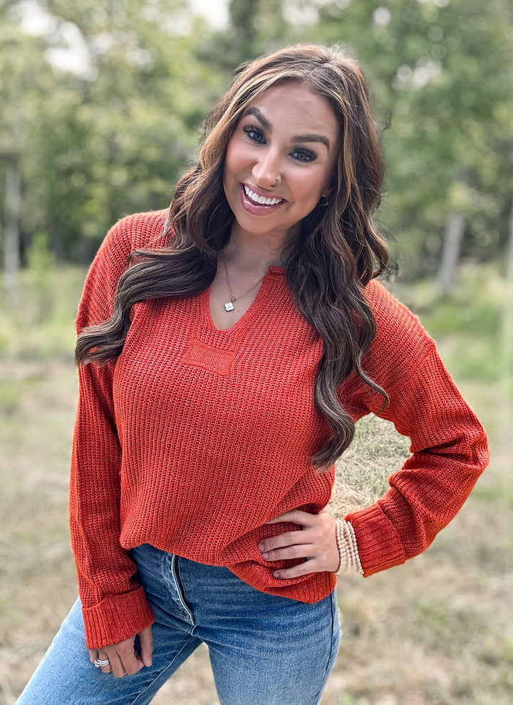 Rust Split Neck Ribbed Sweater