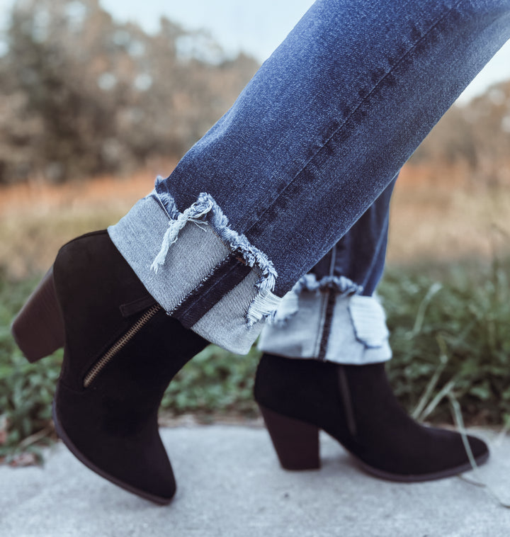 High Standards Black Faux Suede Corky Booties
