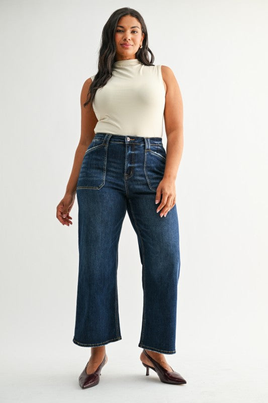Dark Wash High Rise Wide Leg Patch Pocket Jeans By Mica Denim - Face 2 Soul Beauty Boutique