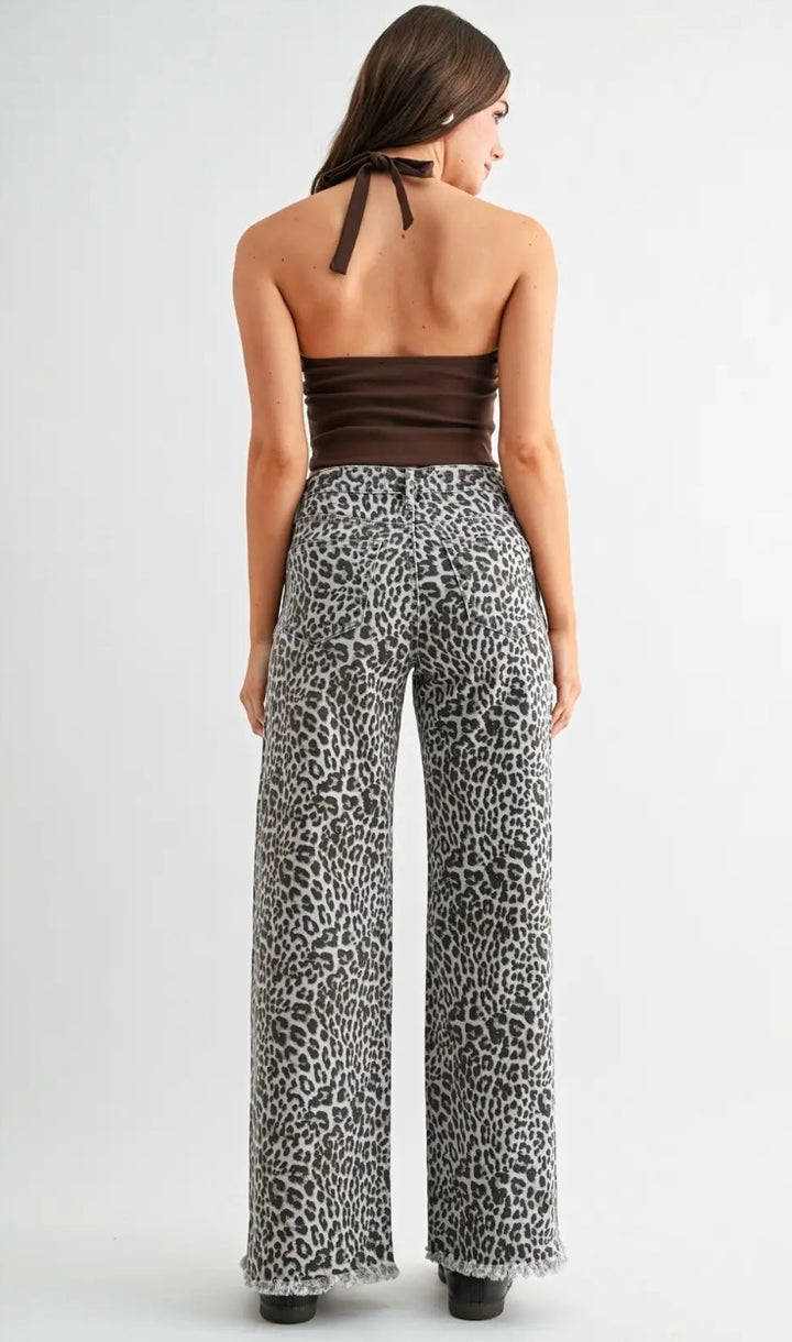 High-Rise Wide Leg Frayed Hem Leopard Denim - Face 2 Soul Beauty Boutique