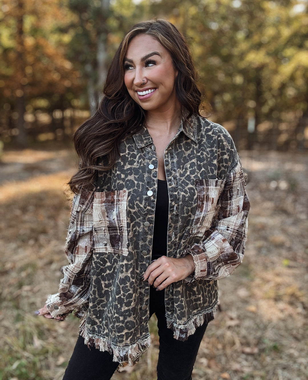 Leopard Raw Edge Fringe Trim Shirt Jacket