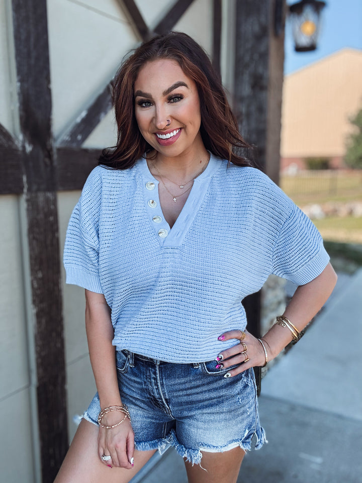 Baby Blue Vneck Button Detail Top - Face 2 Soul Beauty Boutique