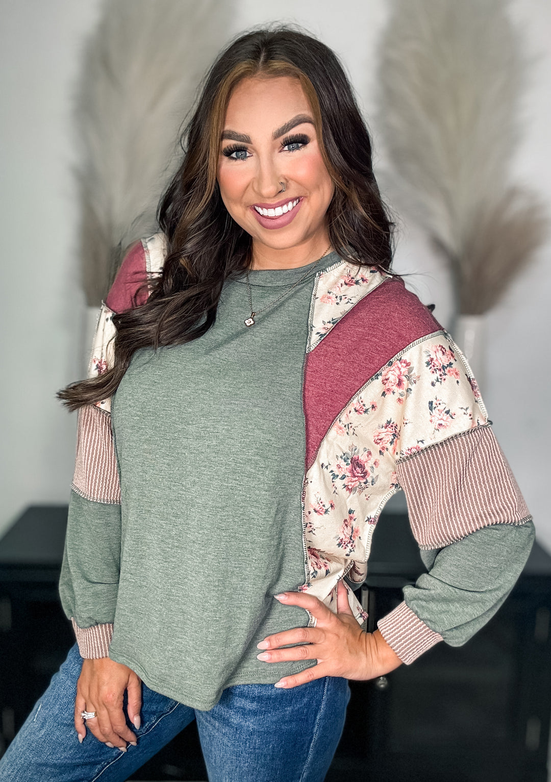 Olive Mixed Patchwork Knit Top