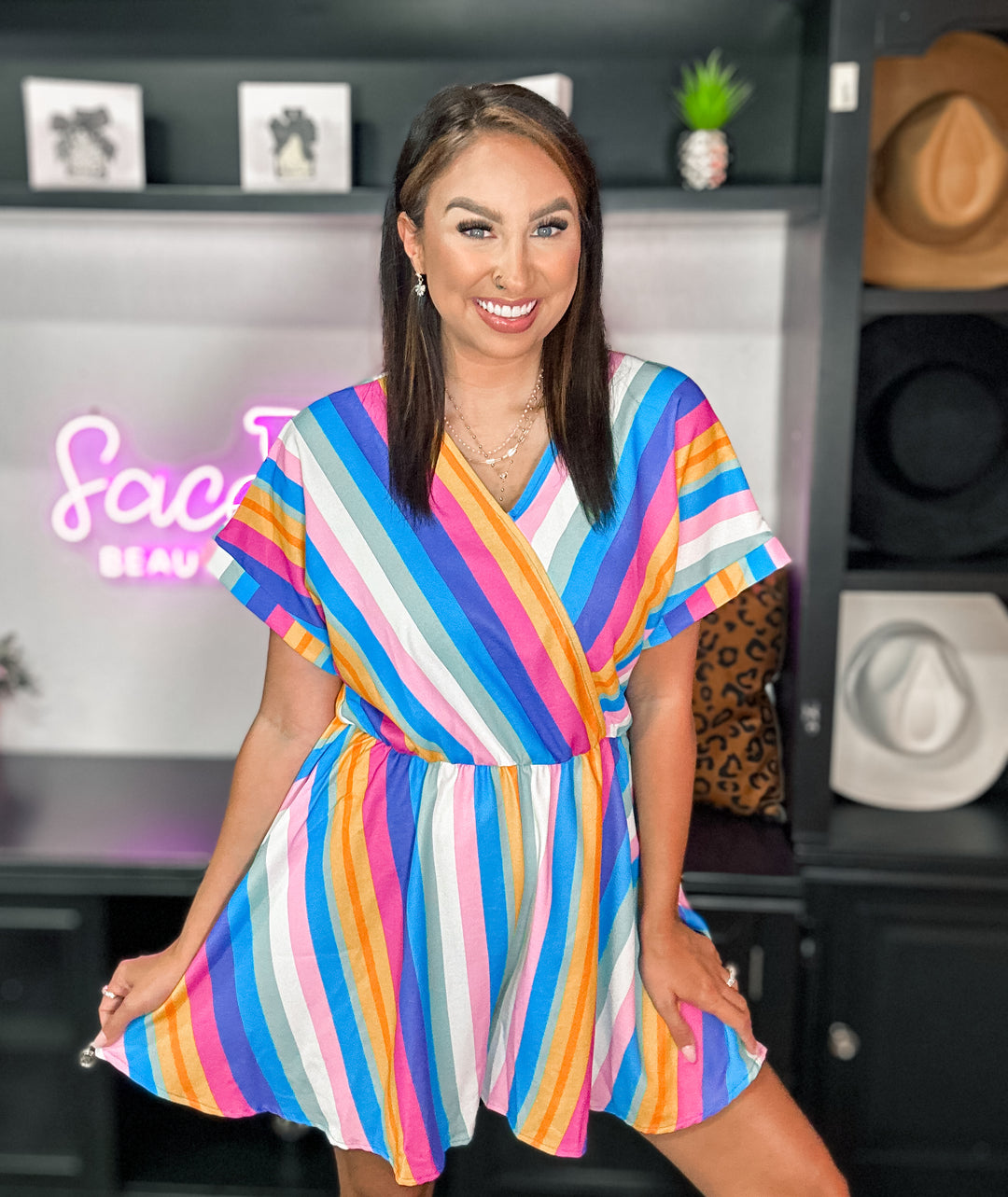 Vneck Dolman Sleeve Striped Romper - Face 2 Soul Beauty Boutique
