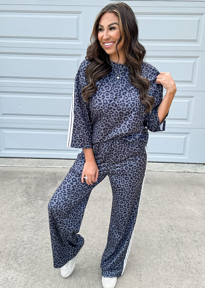 Gray Leopard Side Stripe Pants Set