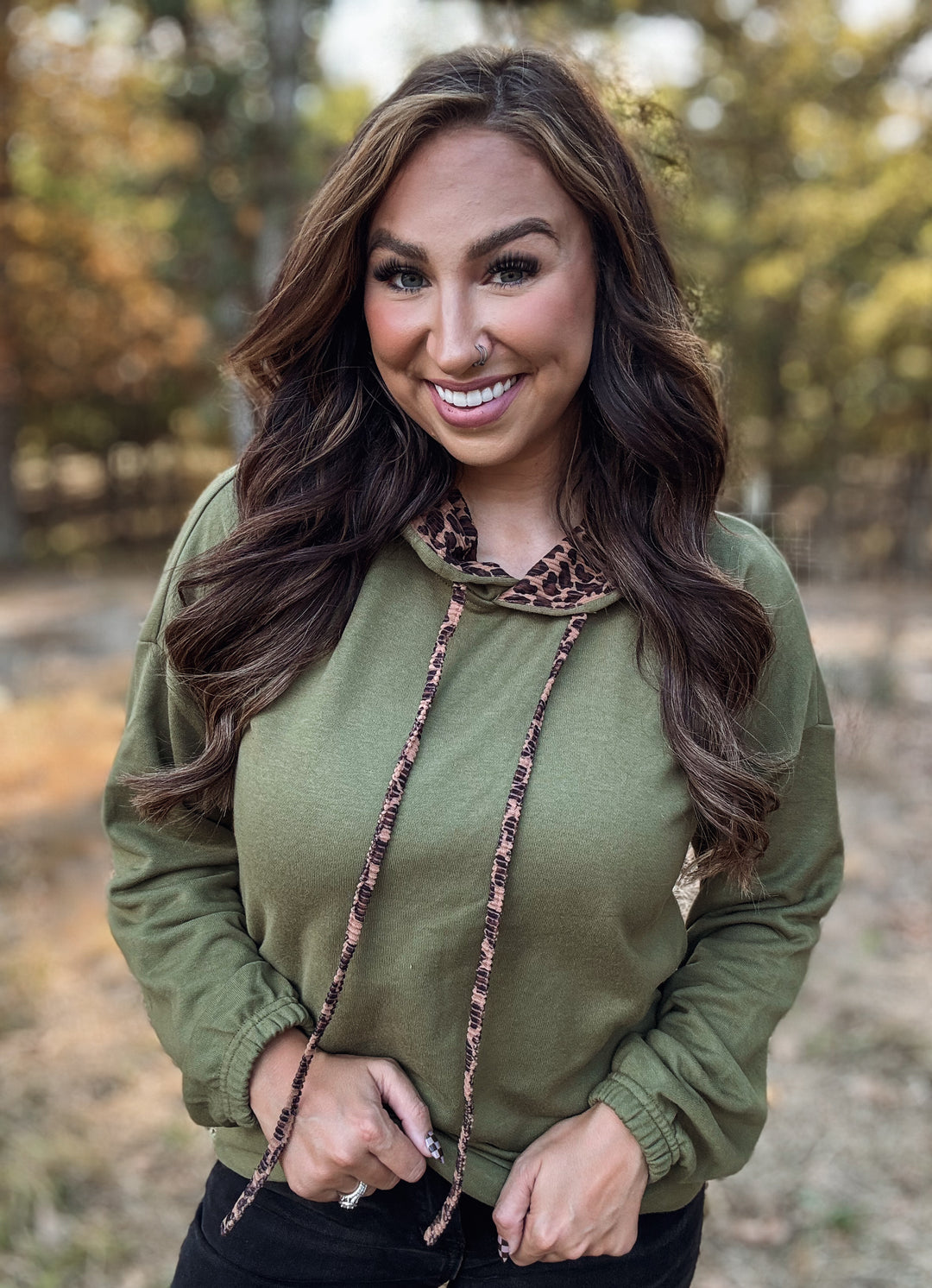Olive Leopard Drawstring Hooded Top