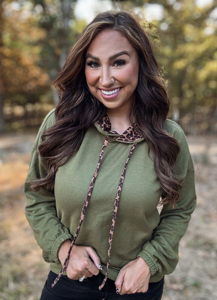 Olive Leopard Drawstring Hooded Top