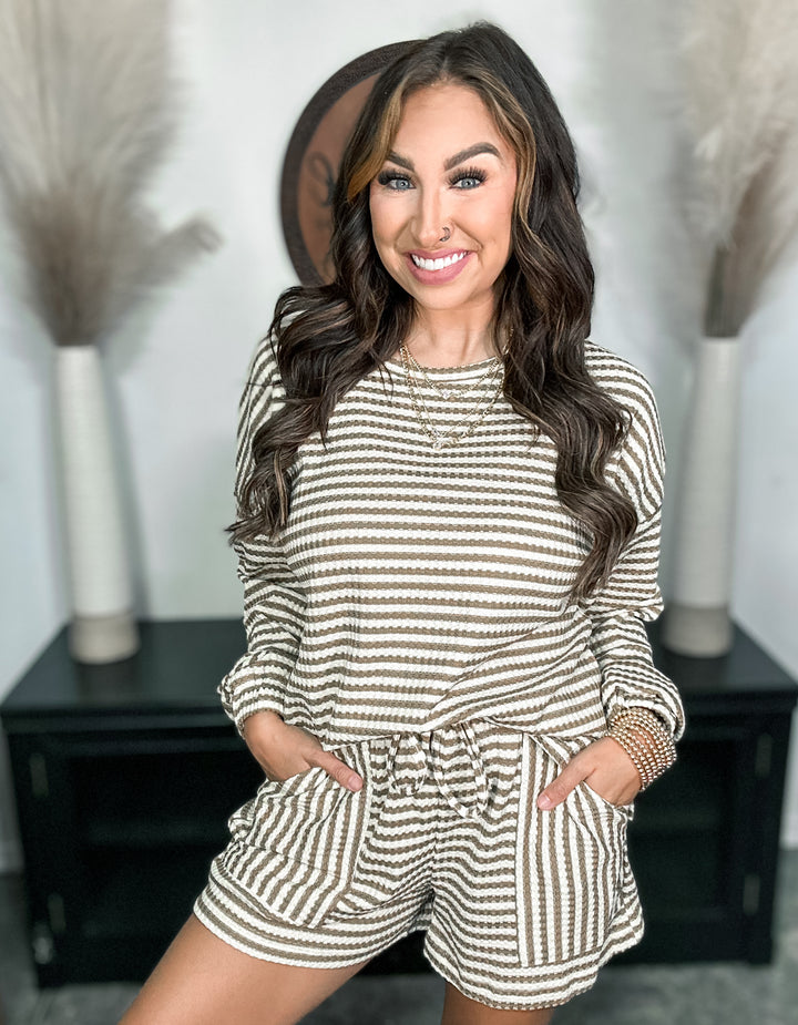 Beige Striped 2 Piece Shorts Lounge Set
