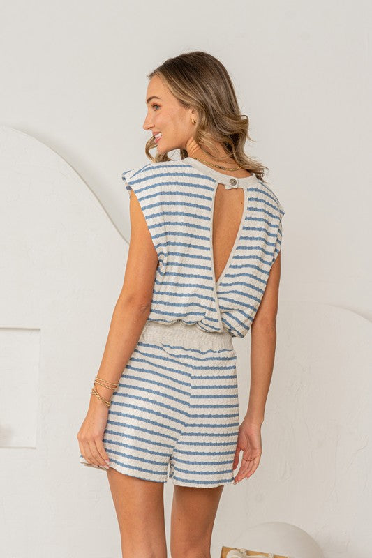 Ivory &amp; Blue Striped Romper - Face 2 Soul Beauty Boutique