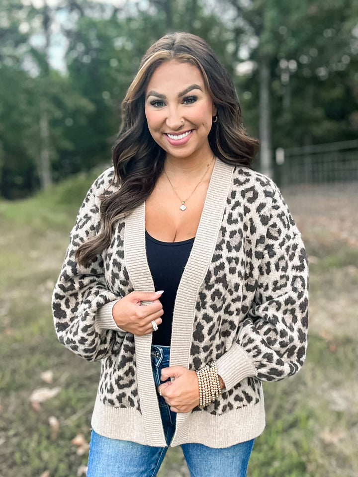 Leopard Balloon Sleeve Open Front Cardigan