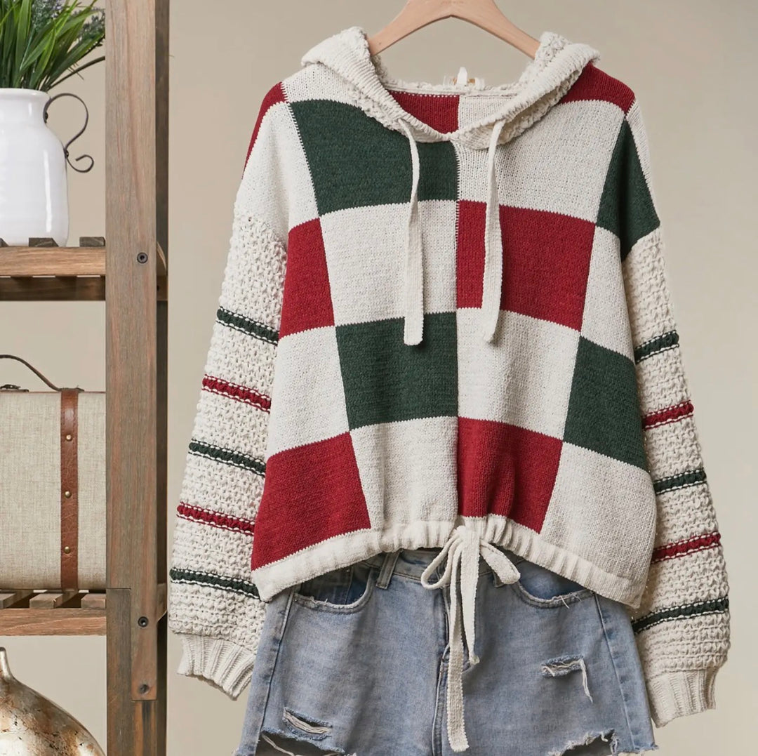 Holiday Colorblock Hooded Knit Sweater