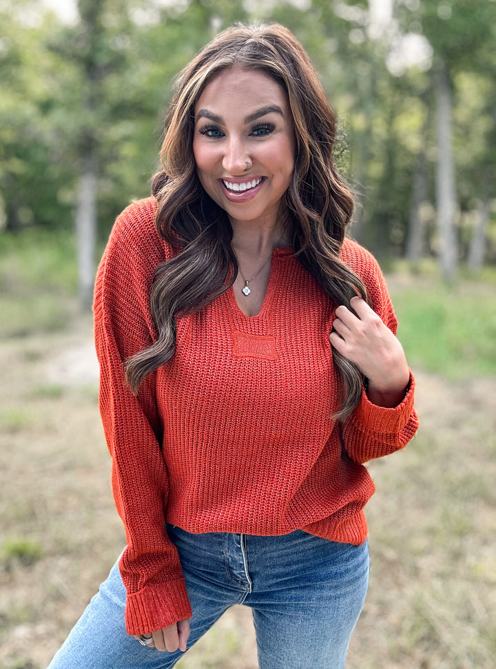 Rust Split Neck Ribbed Sweater