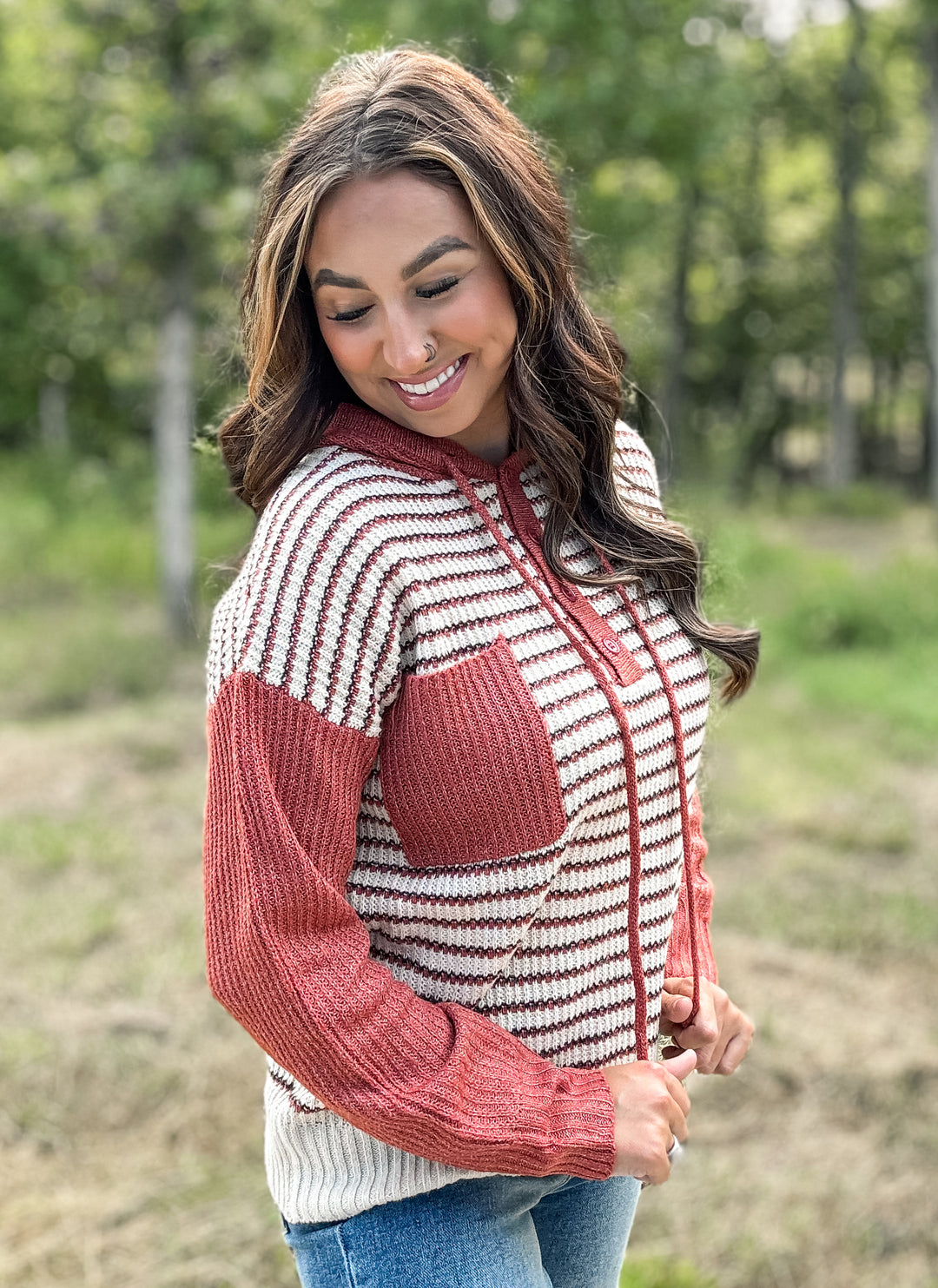 Rust Striped Hooded Pullover