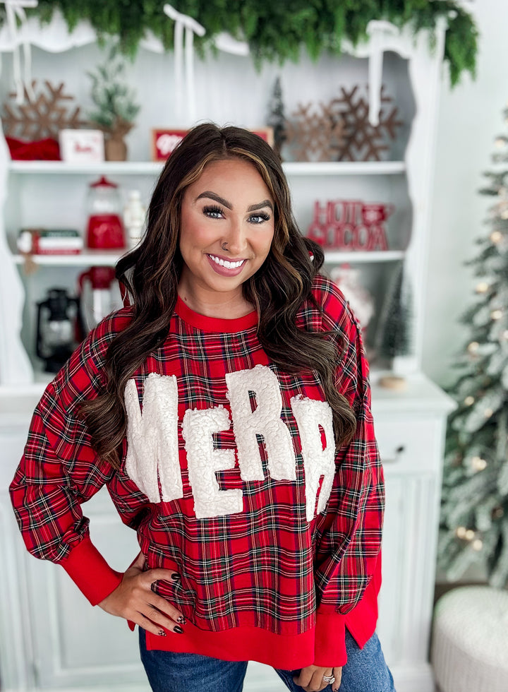 Plaid Sherpa Merry Sweatshirt