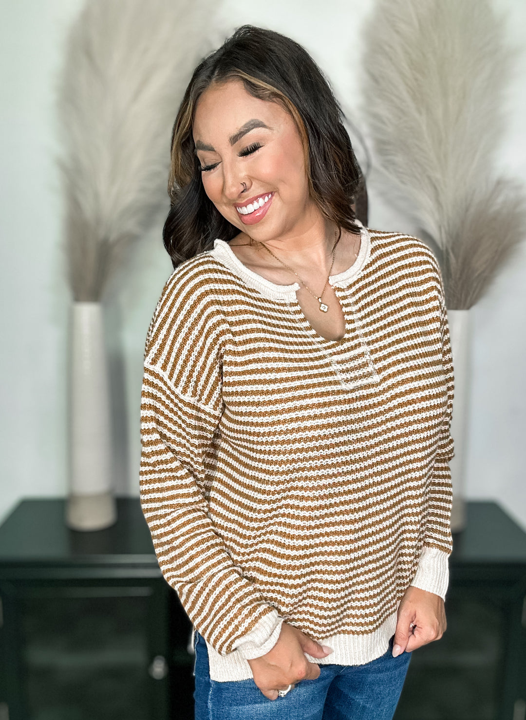 Camel Split Neck Waffle Pinstriped Sweater