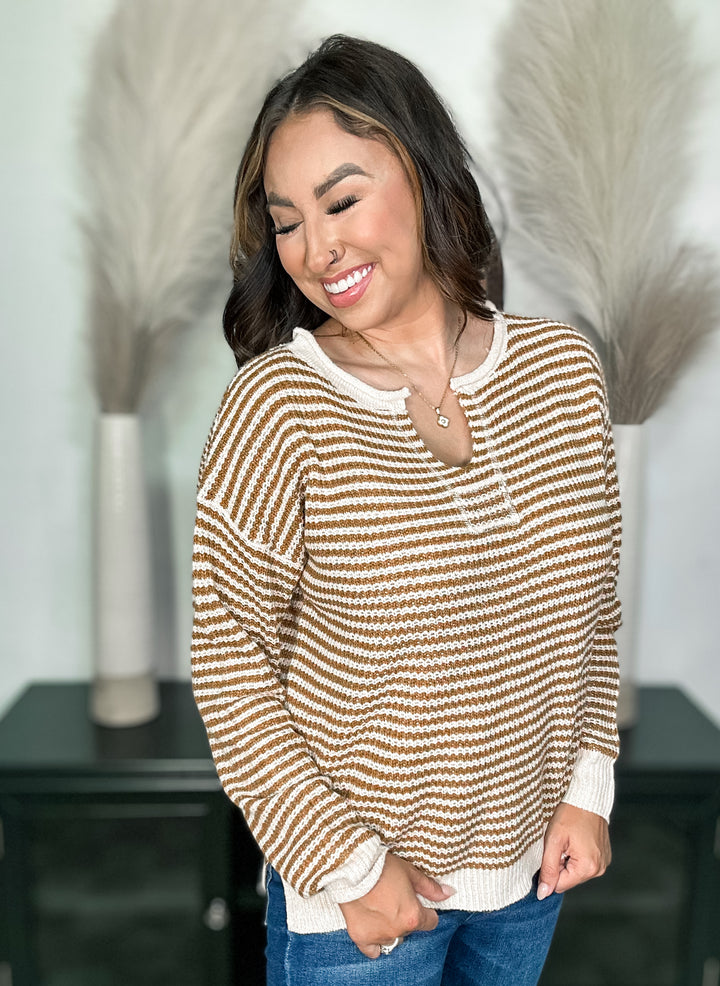 Camel Split Neck Waffle Pinstriped Sweater
