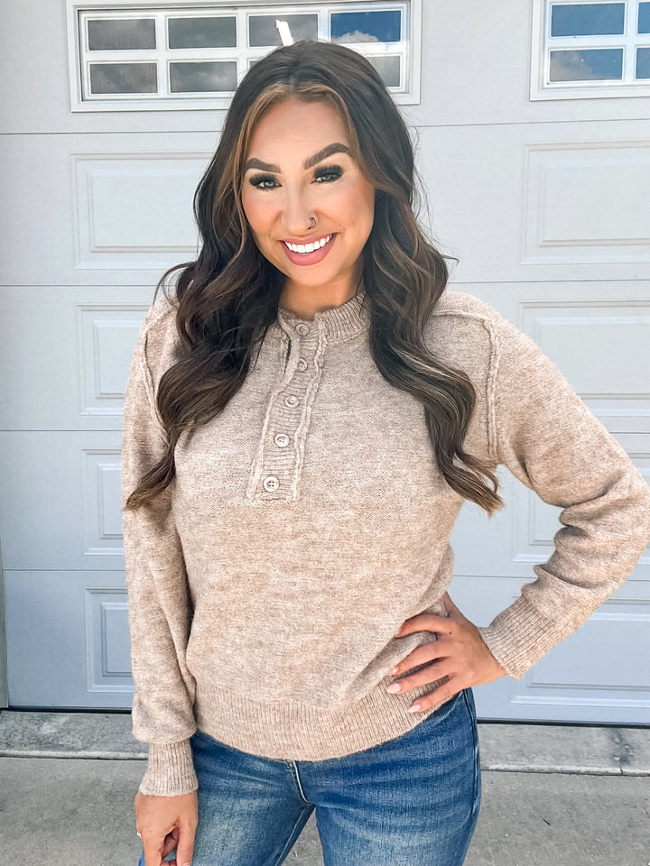 Taupe Half Button Fuzzy Sweater