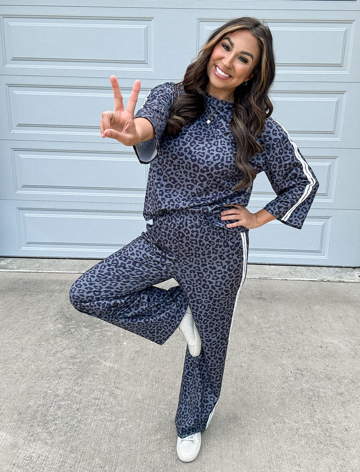 Gray Leopard Side Stripe Pants Set